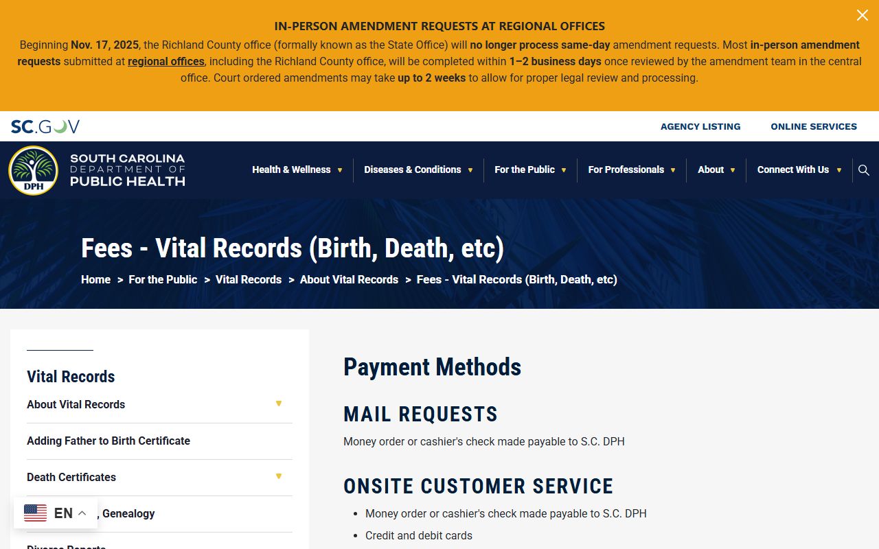 Spartanburg County marriage and divorce records DPH fee schedule