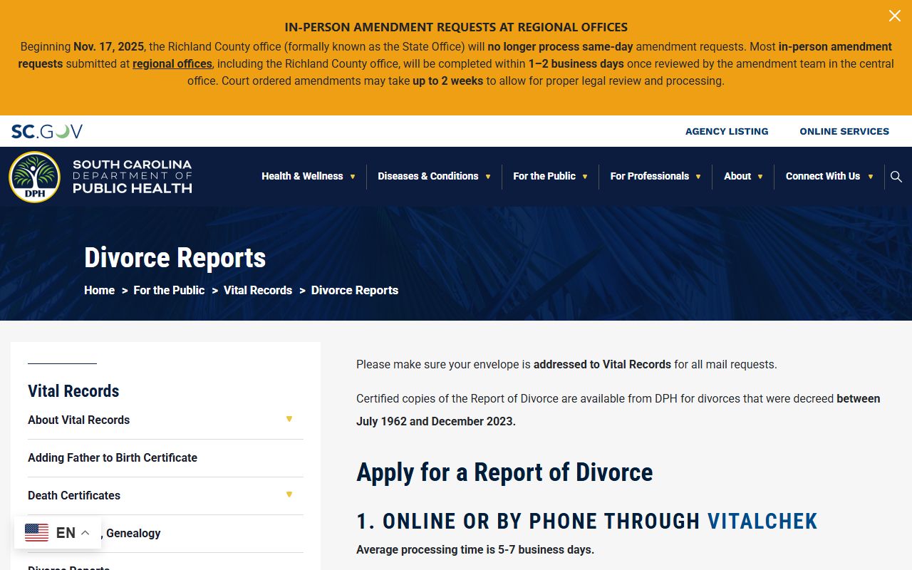 Spartanburg County divorce records South Carolina DPH divorce report access