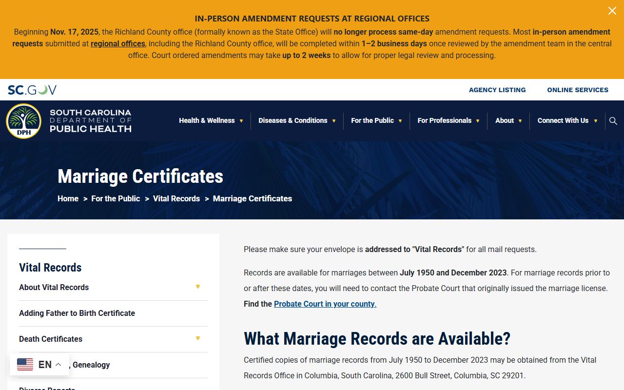 Spartanburg County marriage records South Carolina DPH certificate access