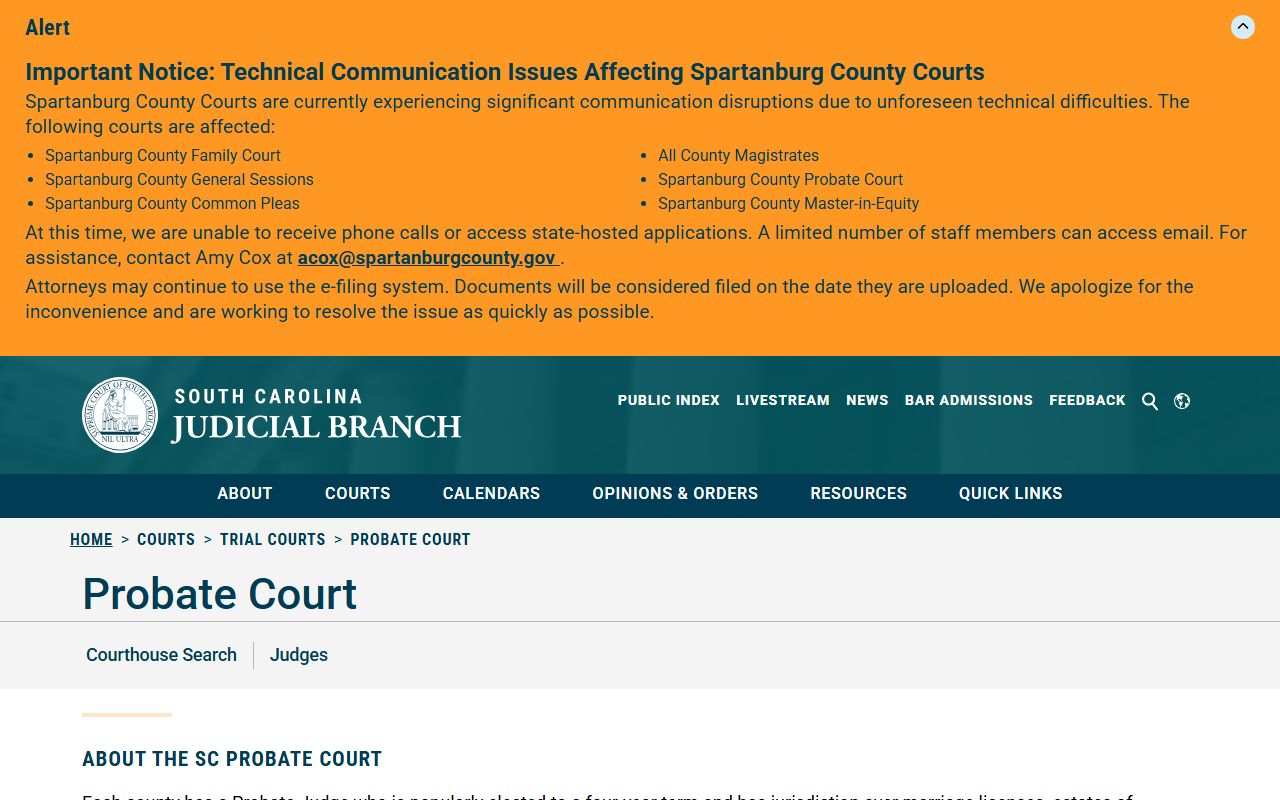 Spartanburg County probate records official Probate Court jurisdiction page